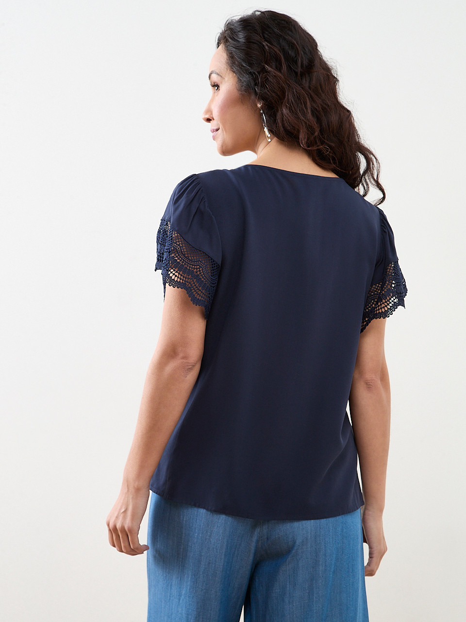 Petite Short Sleeve Blouse with Crochet Sleeves