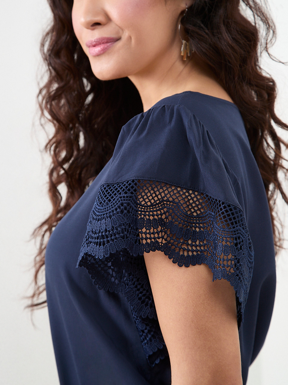Petite Short Sleeve Blouse with Crochet Sleeves