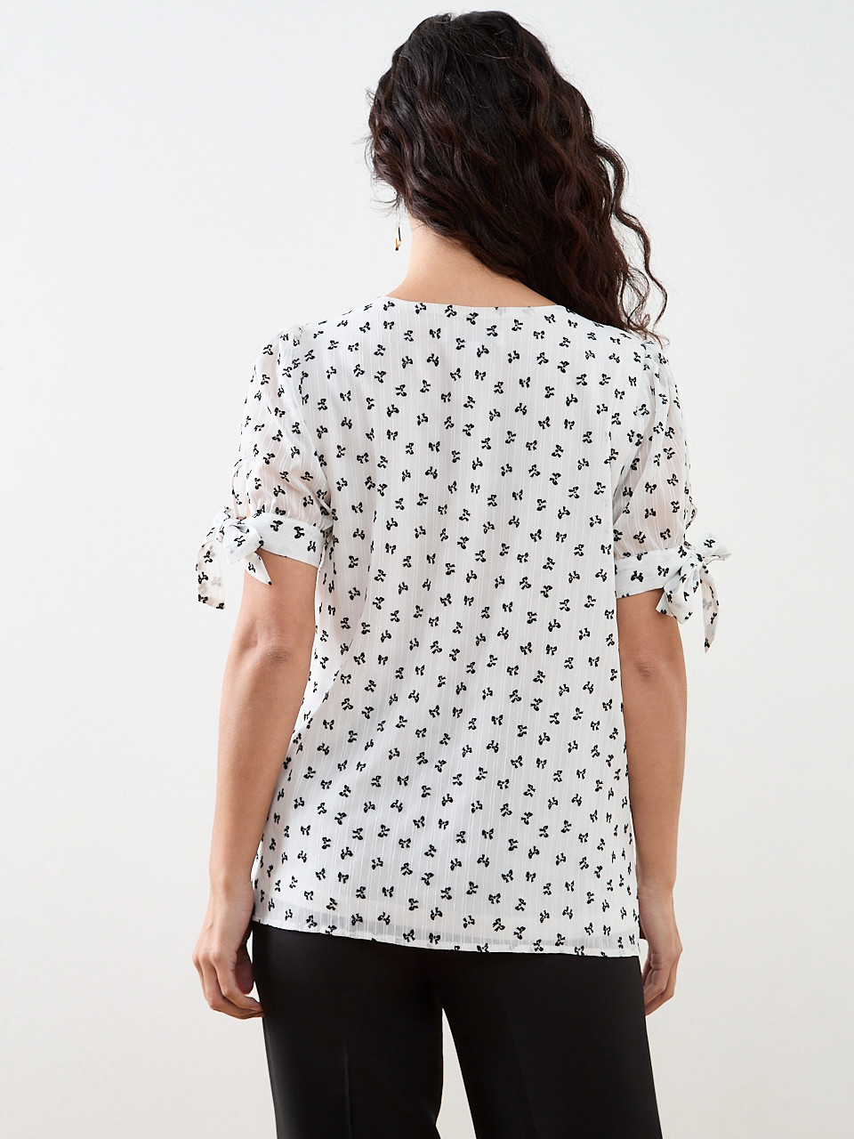 Petite Short Sleeve Chiffon Flock Bow Blouse