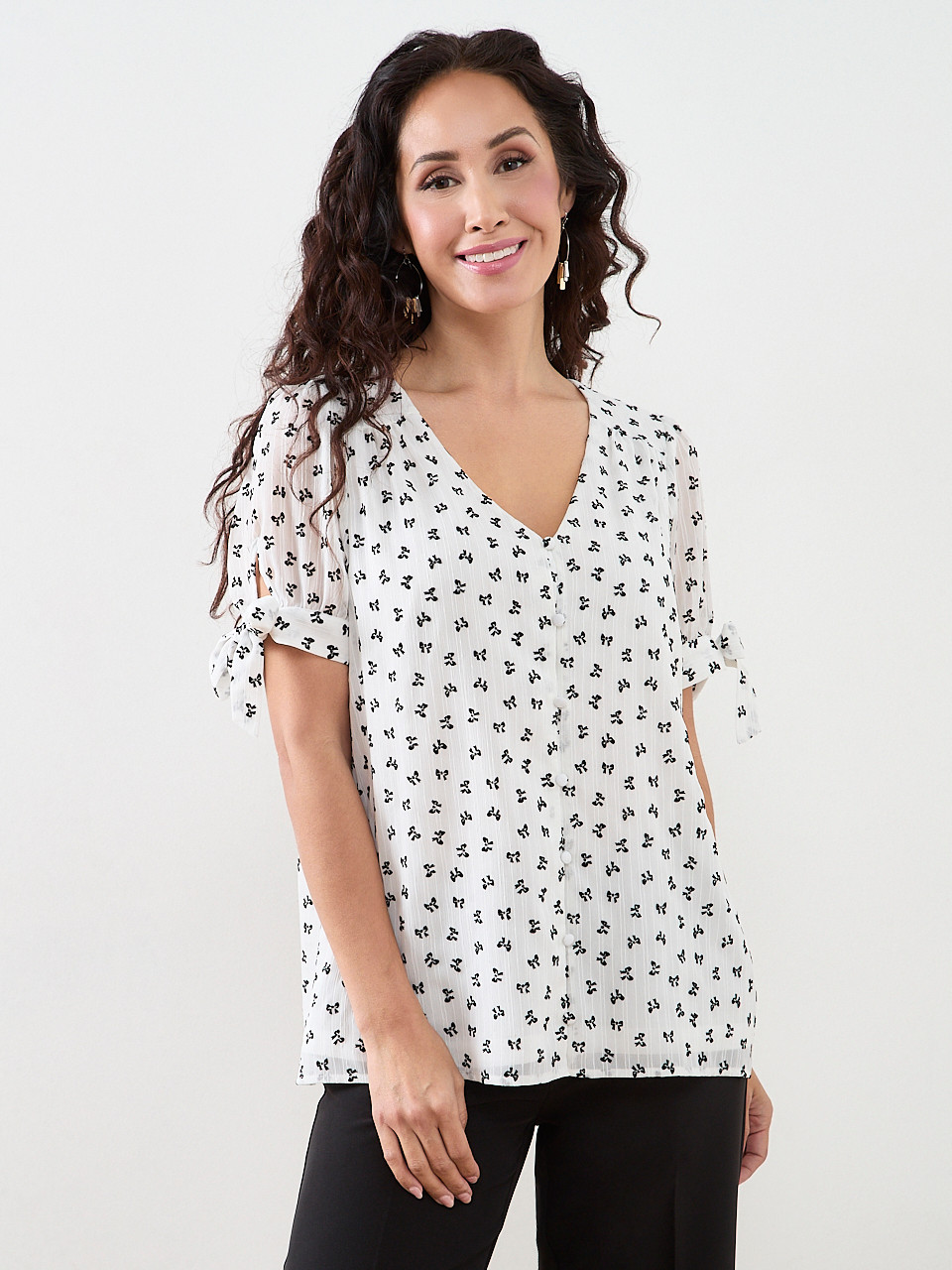 Petite Short Sleeve Chiffon Flock Bow Blouse