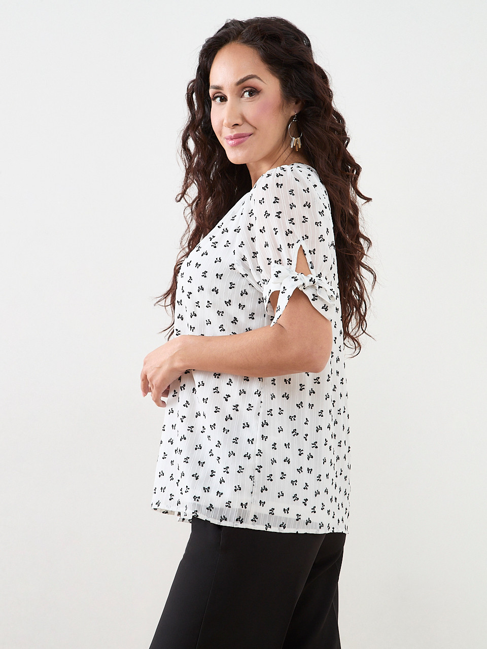 Petite Short Sleeve Chiffon Flock Bow Blouse