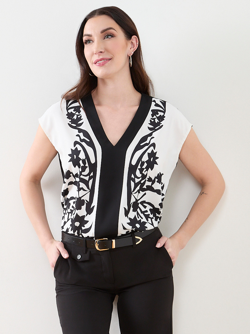 V-Neck Border Print Blouse