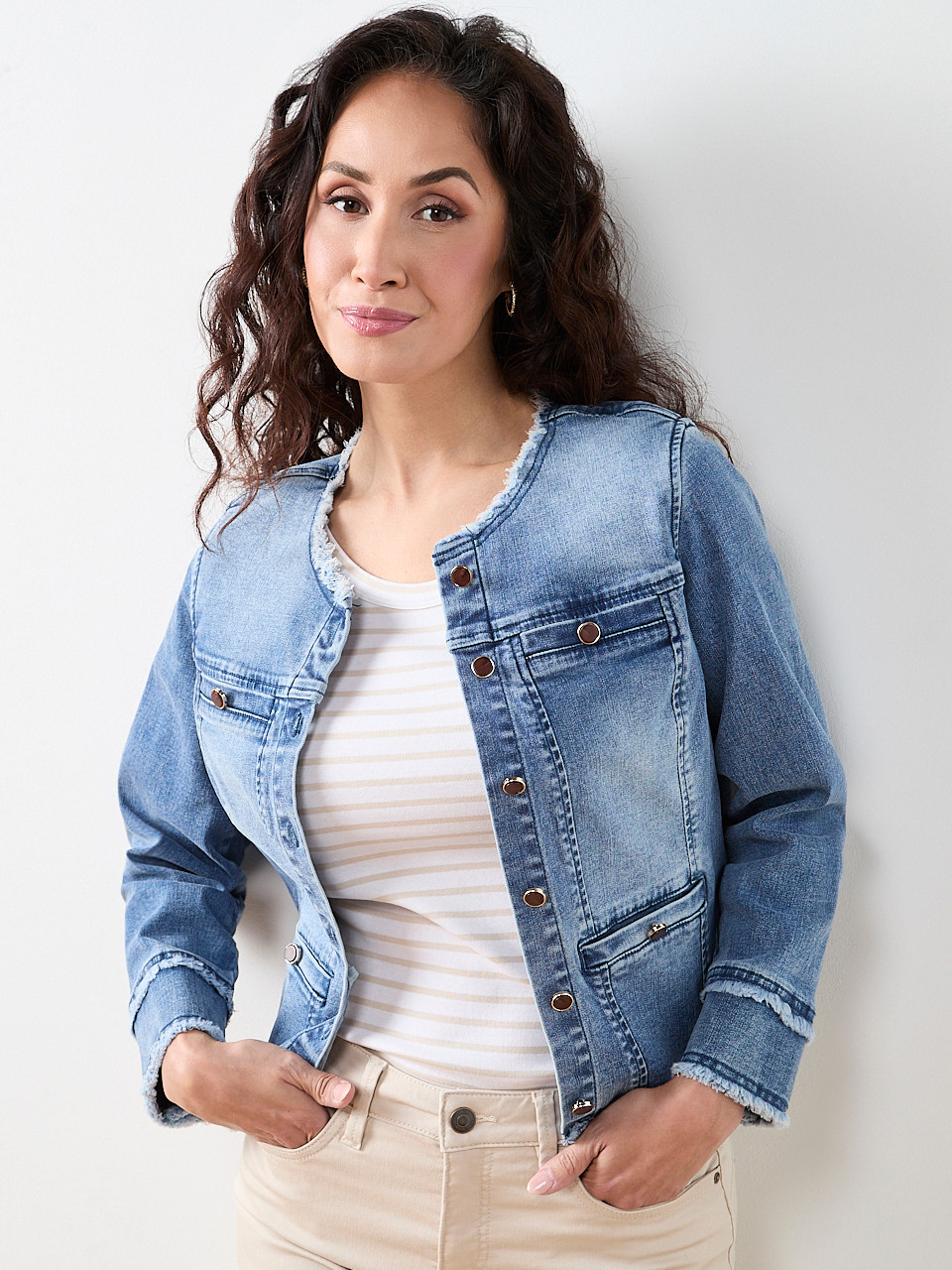 Collarless Raw Hem Denim Jacket