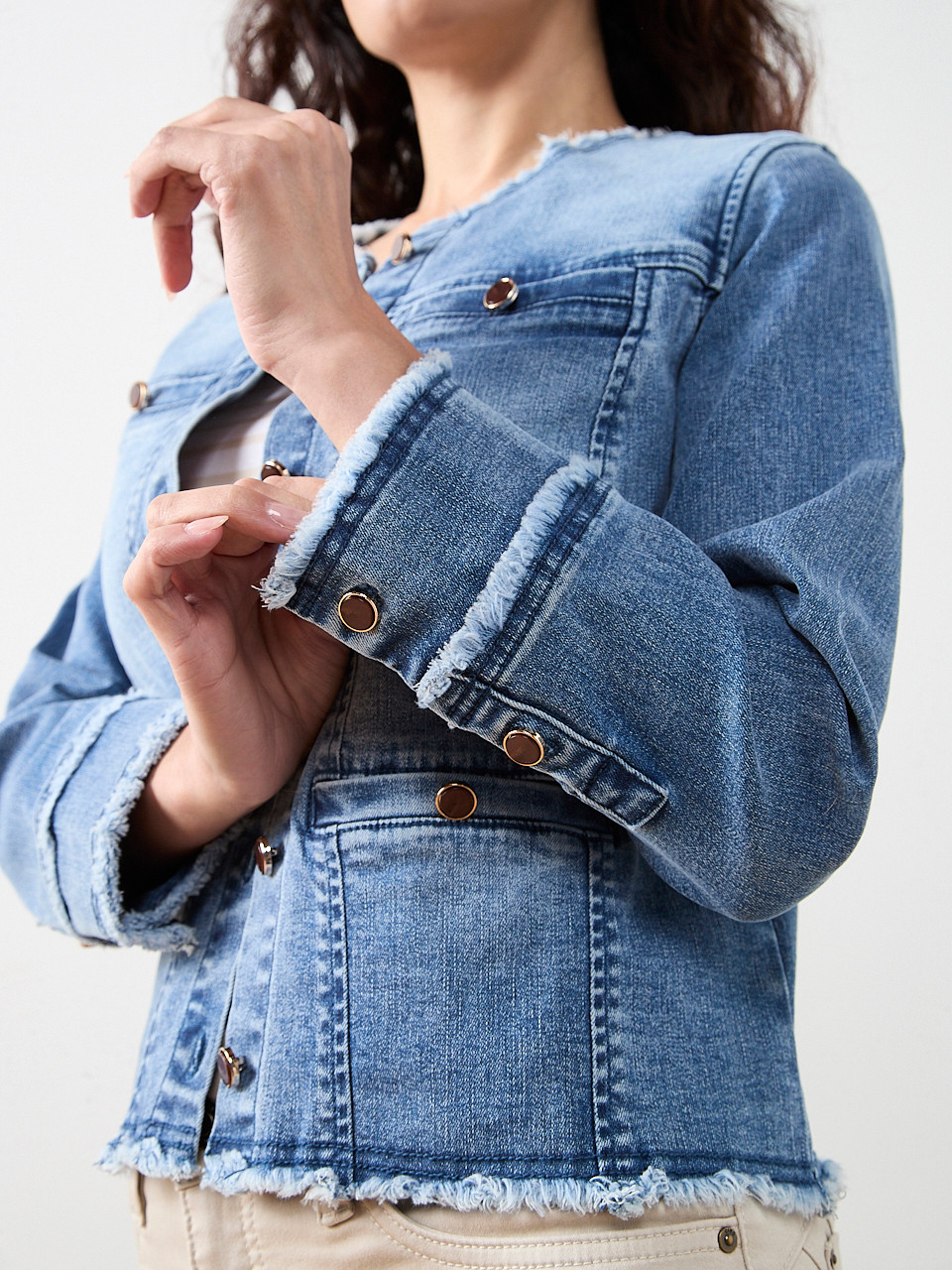 Collarless Raw Hem Denim Jacket | Cleo