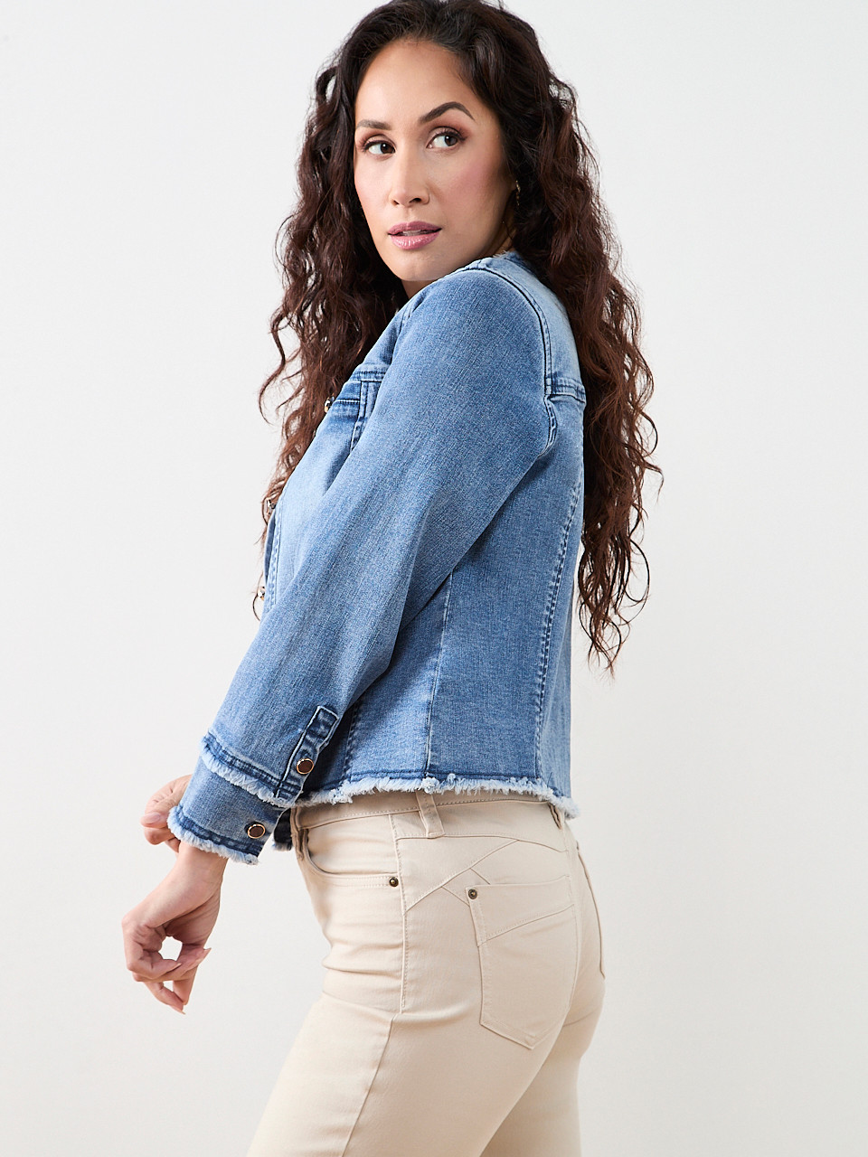 Collarless Raw Hem Denim Jacket | Cleo