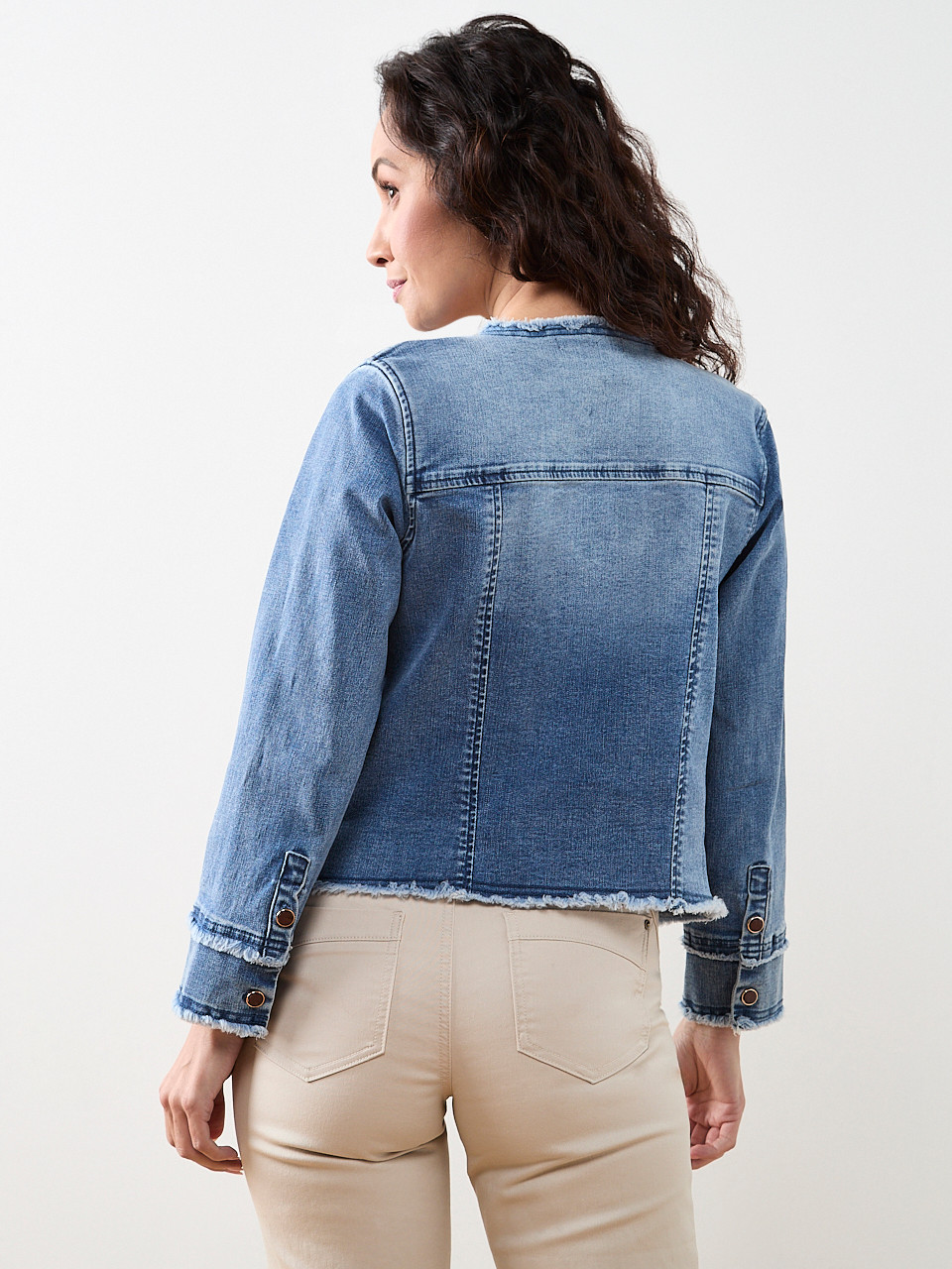 Collarless Raw Hem Denim Jacket
