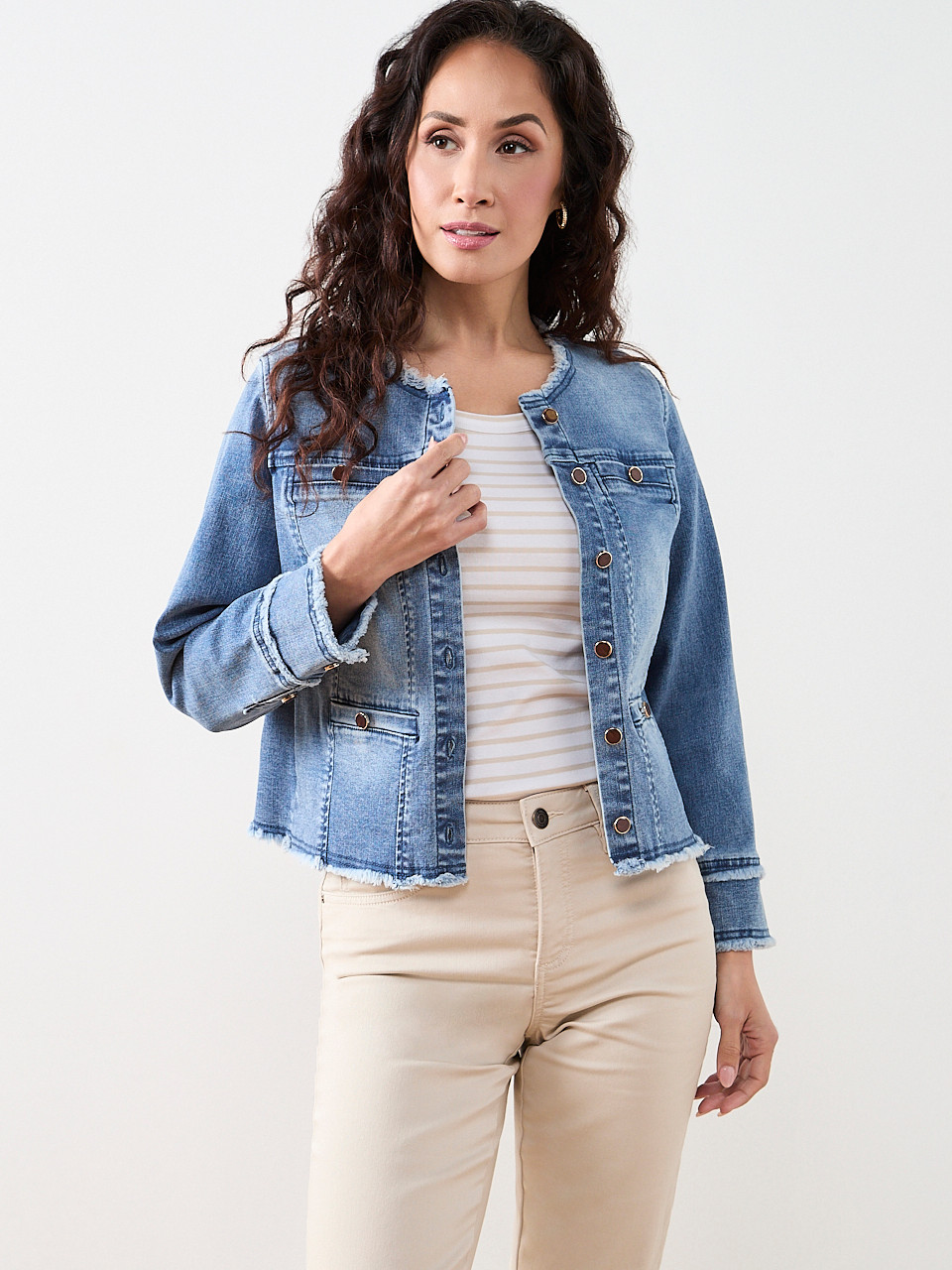 Collarless Raw Hem Denim Jacket | Cleo
