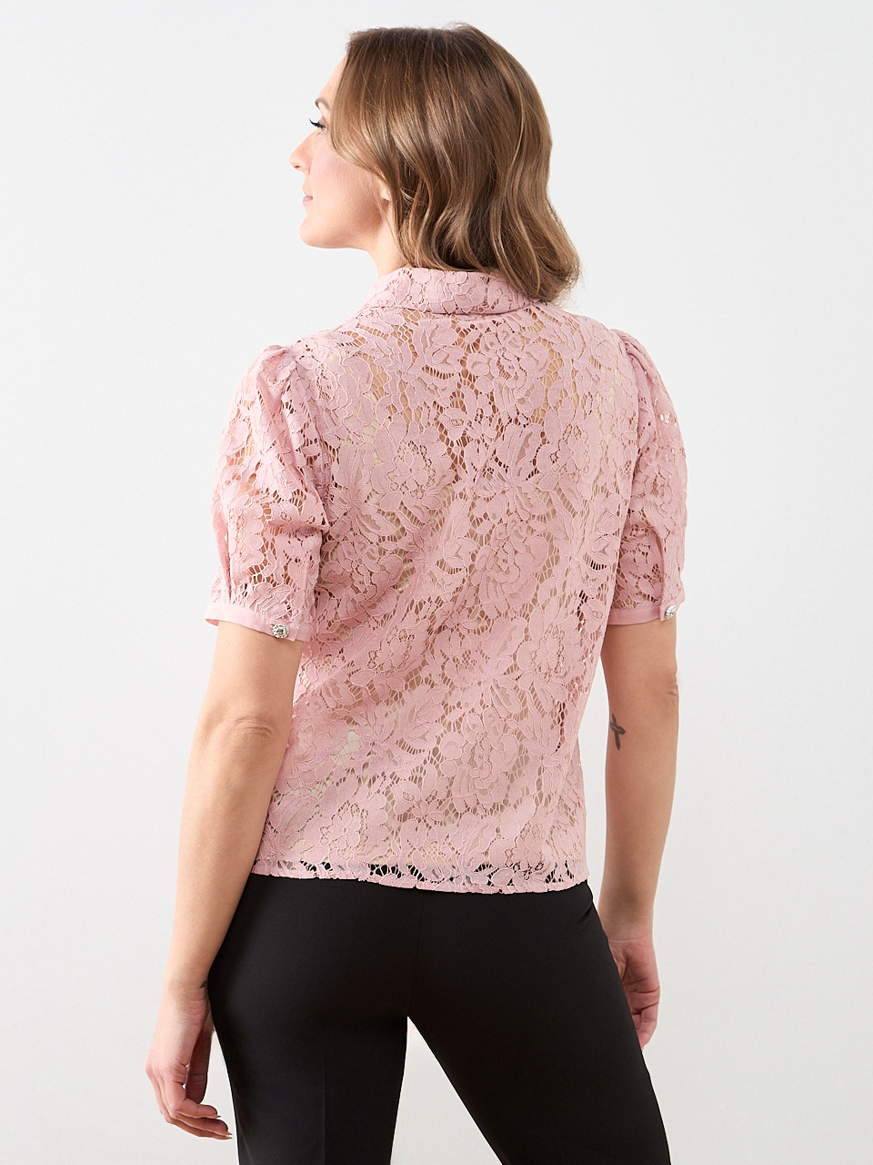 Lace Rhinestone Button Blouse