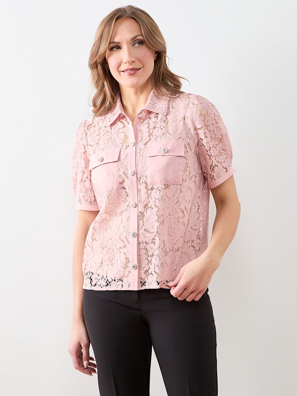 Lace Rhinestone Button Blouse