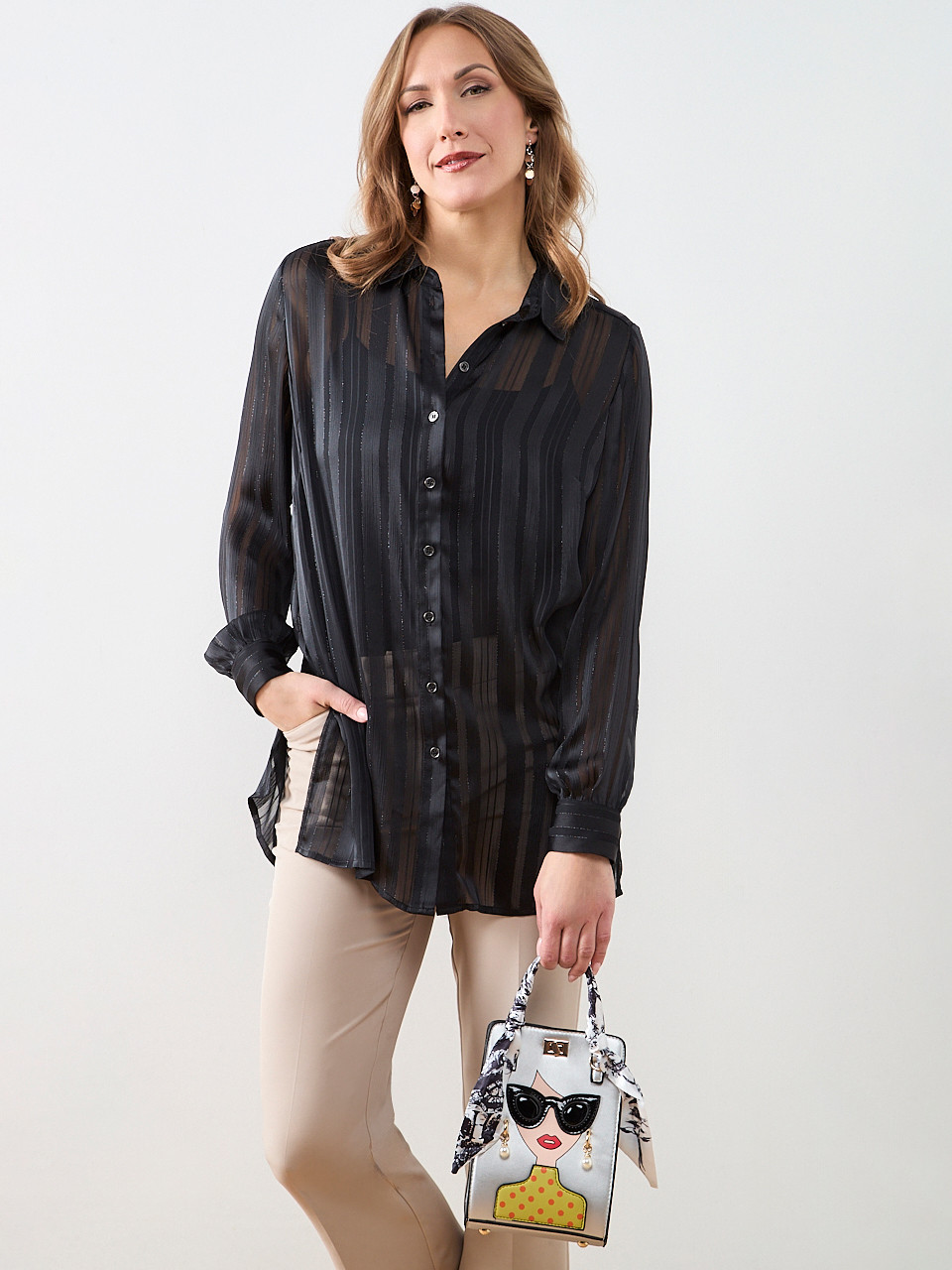 Long Sleeve Button Front Satin Tunic