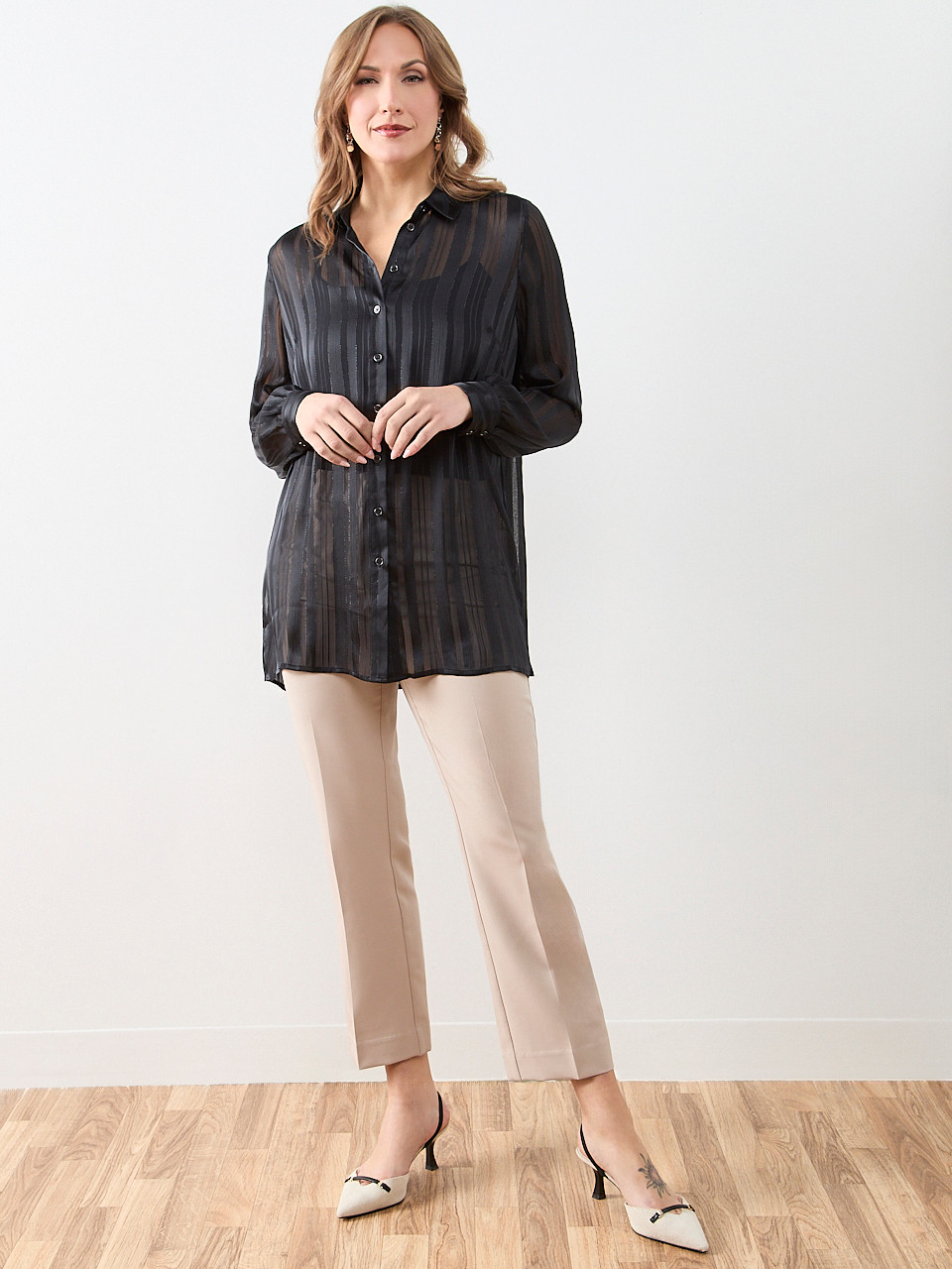 Long Sleeve Button Front Satin Tunic
