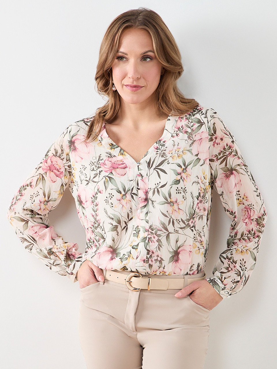 Long Sleeve V-Neck Button Blouse