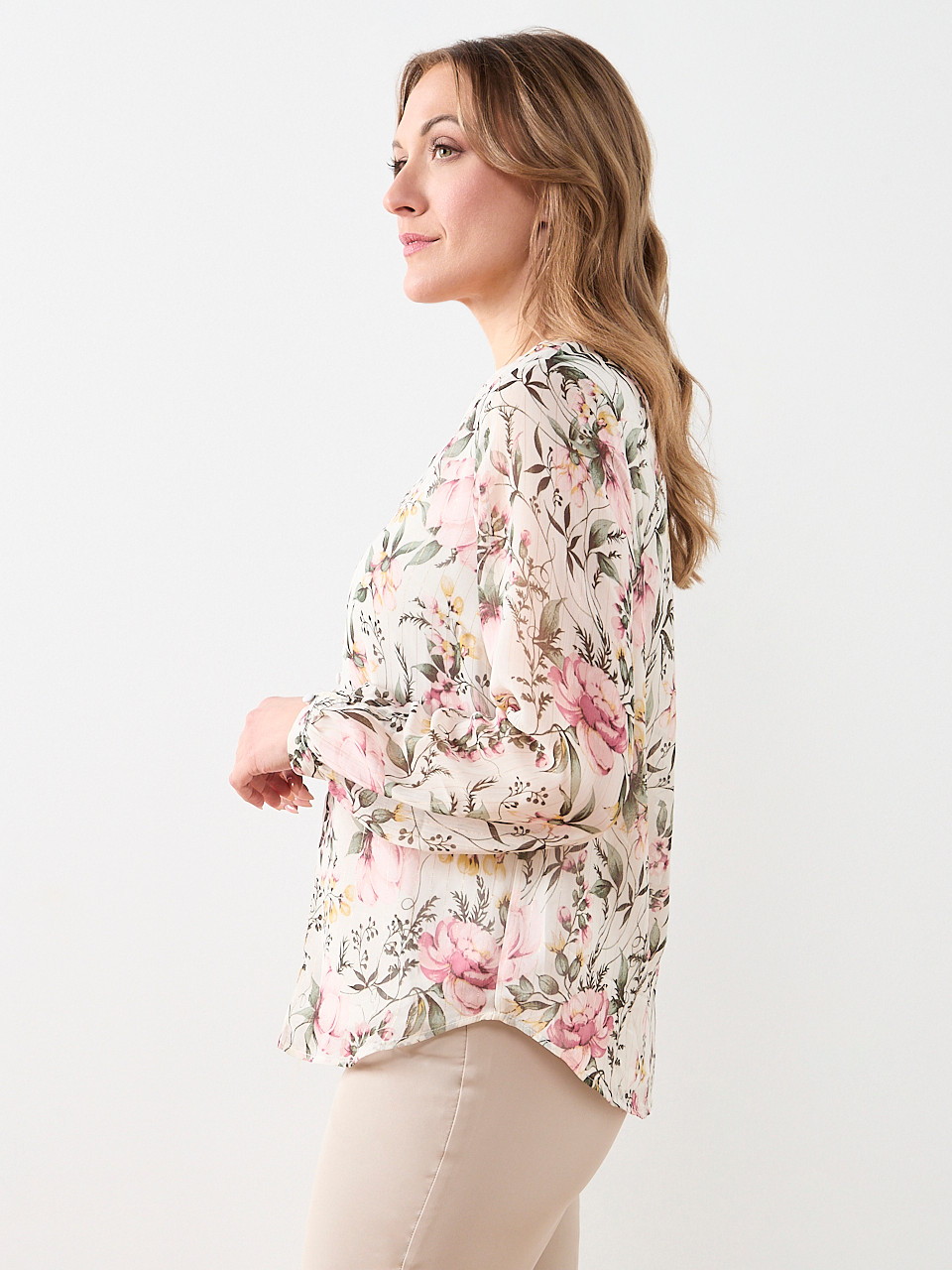 Long Sleeve V-Neck Button Blouse