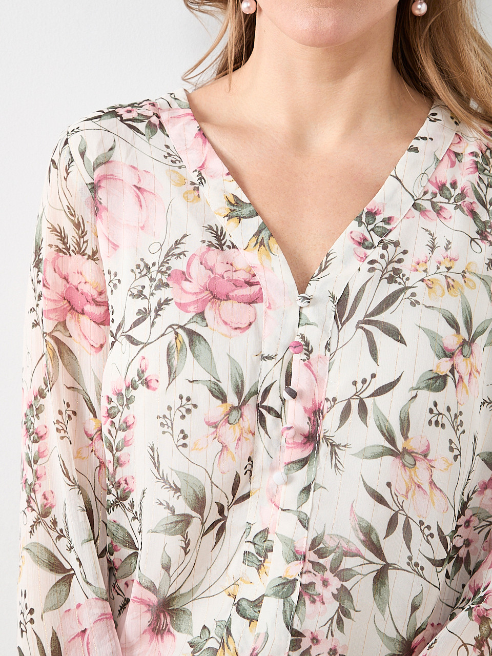 Long Sleeve V-Neck Button Blouse