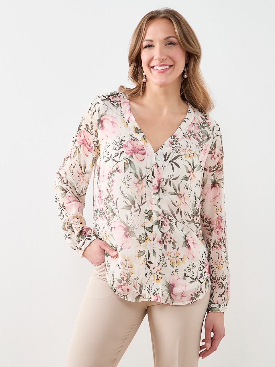Long Sleeve V-Neck Button Blouse