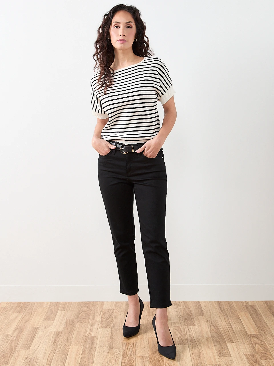 Petite Short Sleeve Boat Neck Rib Sweater