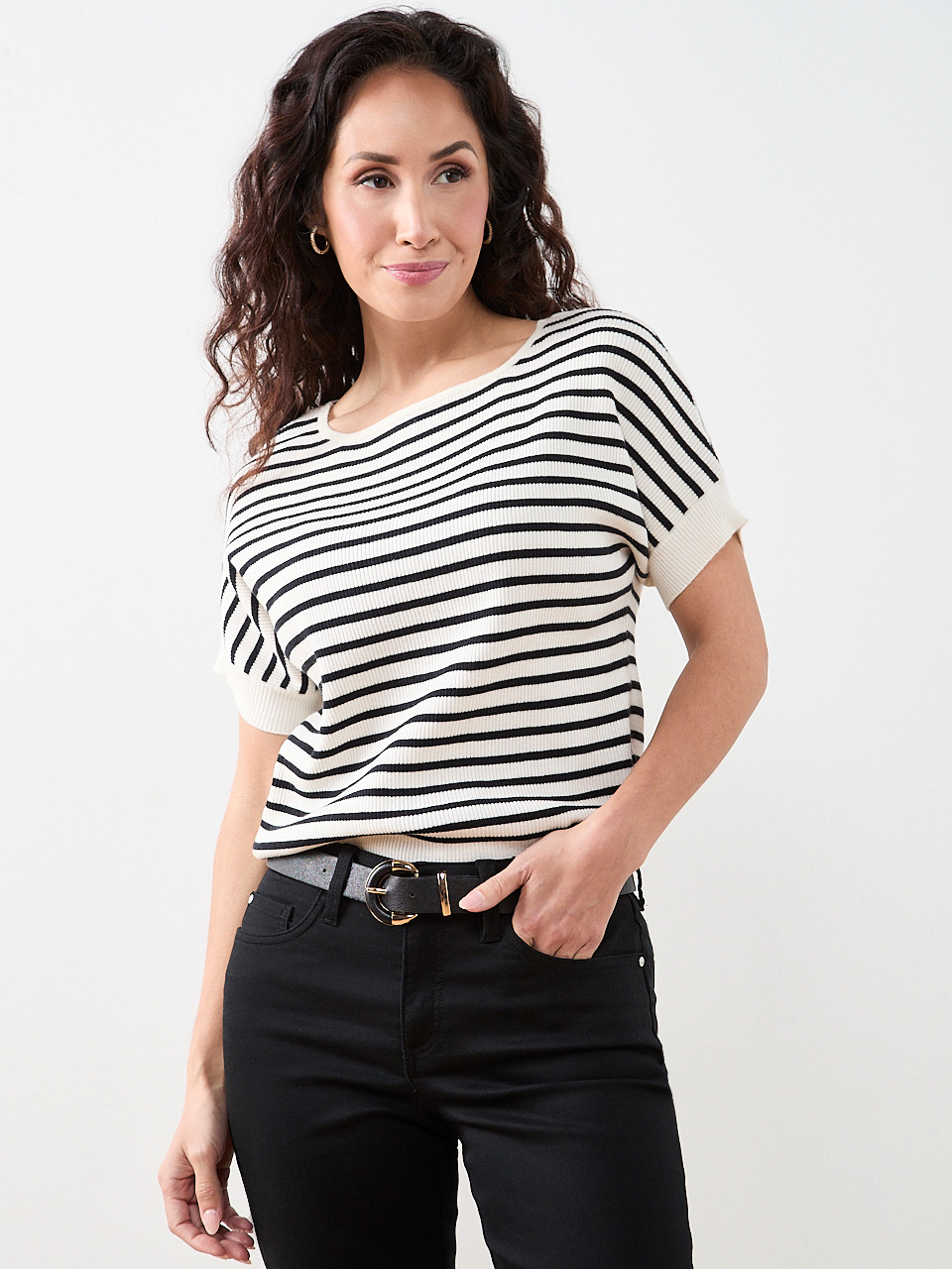 Petite Short Sleeve Boat Neck Rib Sweater