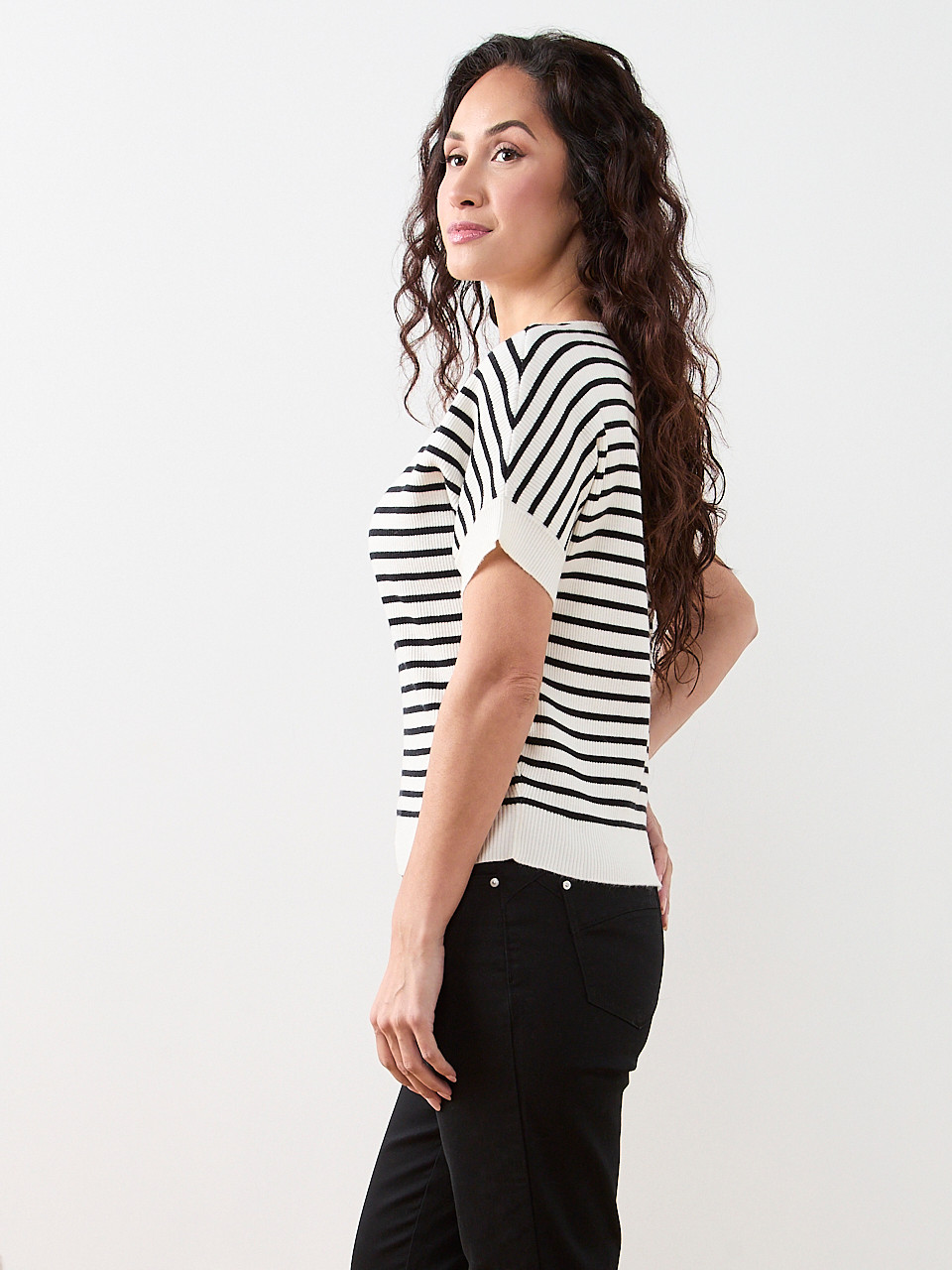 Petite Short Sleeve Boat Neck Rib Sweater