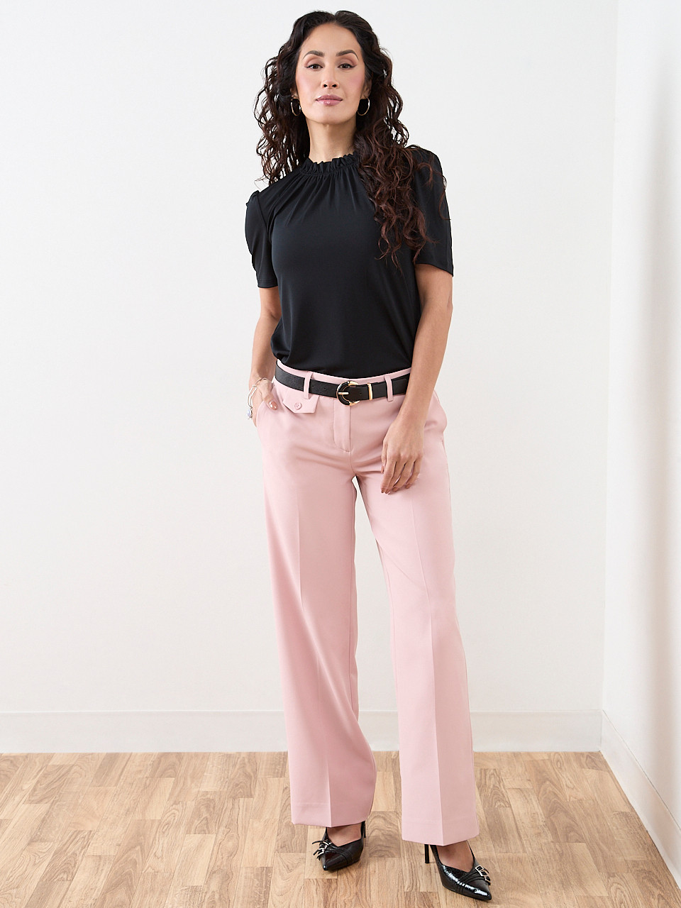 Petite Elbow Sleeve Gathered Neck Top