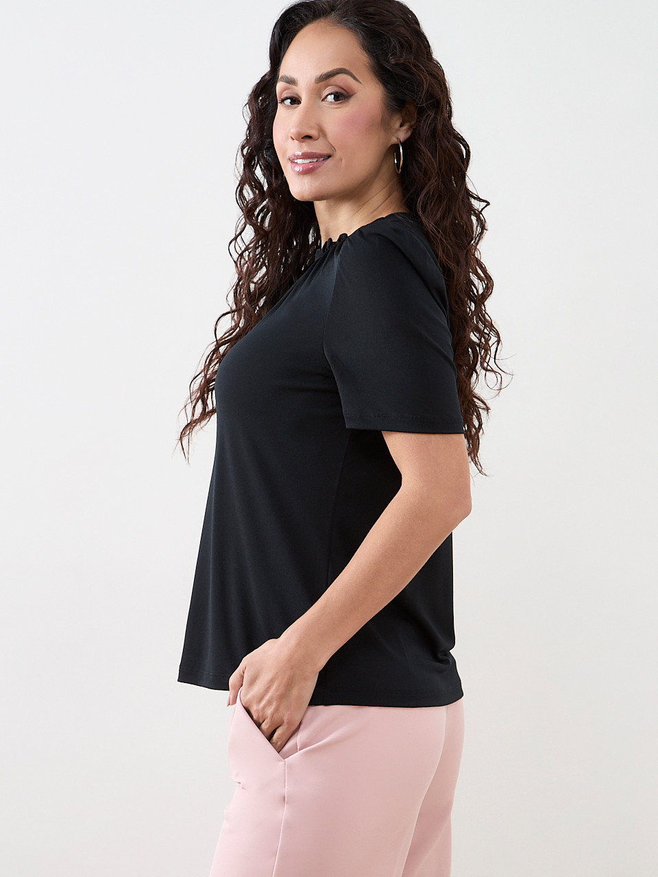 Petite Elbow Sleeve Gathered Neck Top