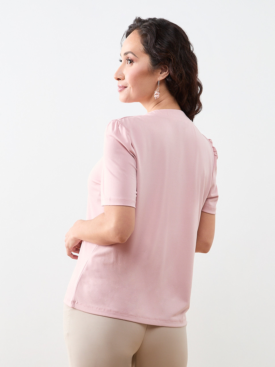 Petite Elbow-Sleeve Gathered Neck Top