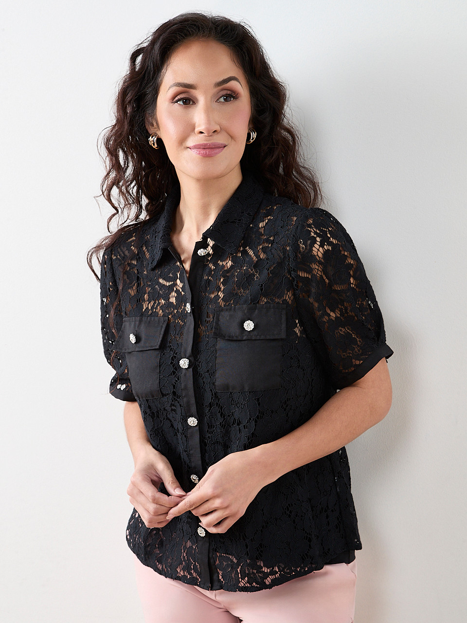 Petite Lace Rhinestone Button Blouse