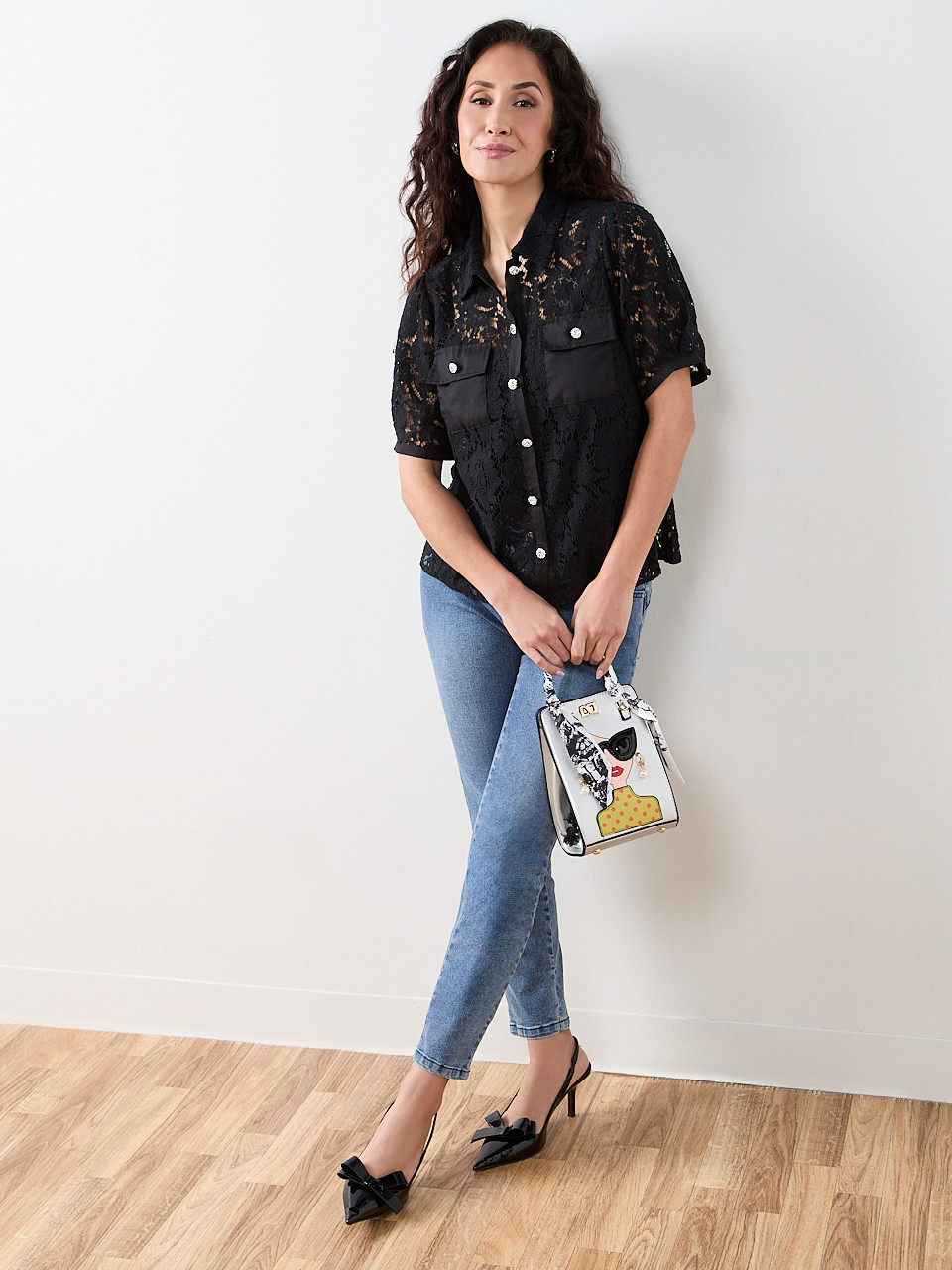 Petite Lace Rhinestone Button Blouse