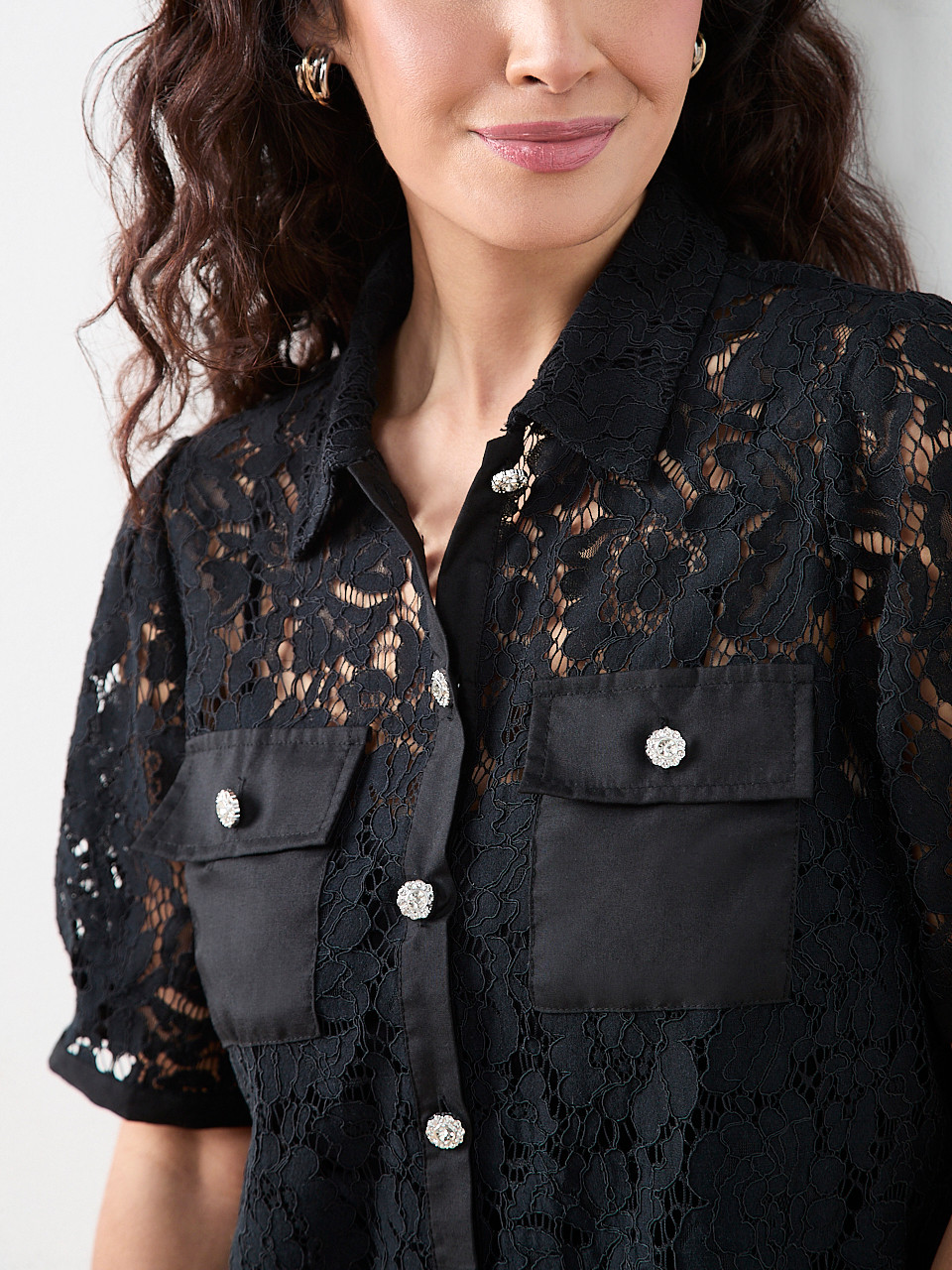 Petite Lace Rhinestone Button Blouse