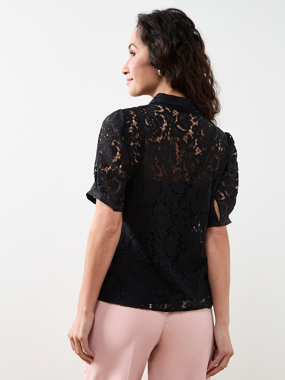 Petite Lace Rhinestone Button Blouse