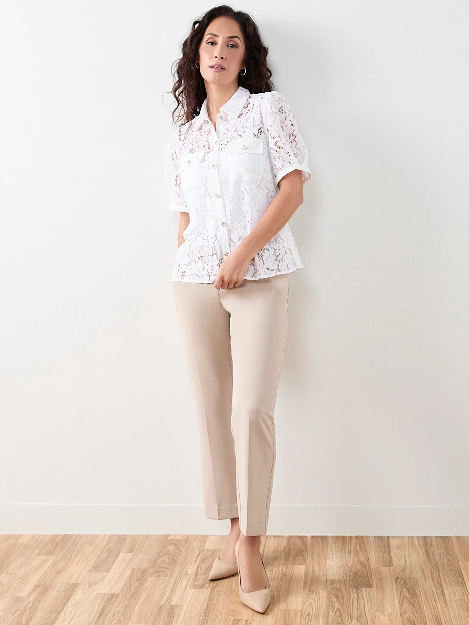 Petite Lace Rhinestone-Button Blouse