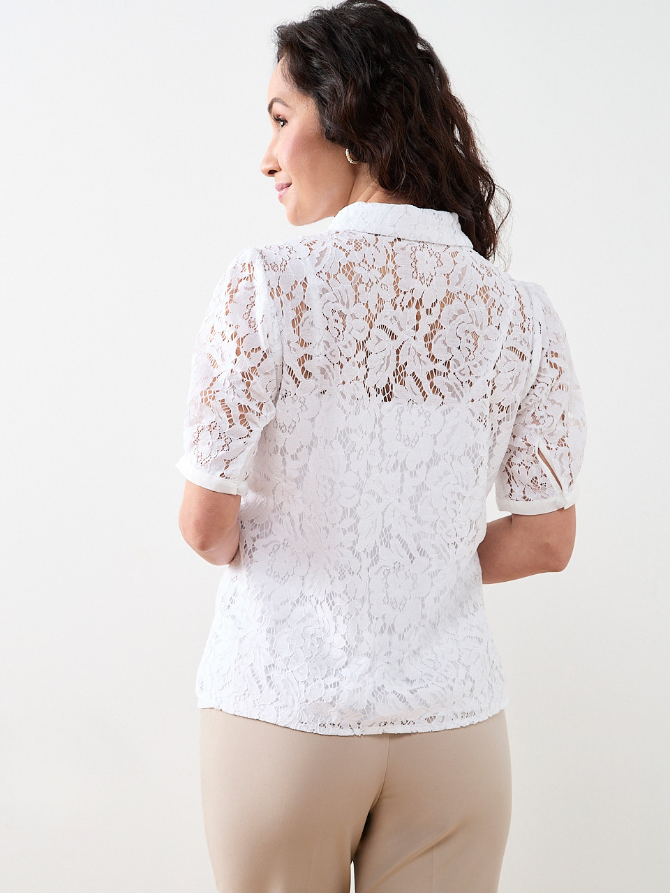 Petite Lace Rhinestone-Button Blouse