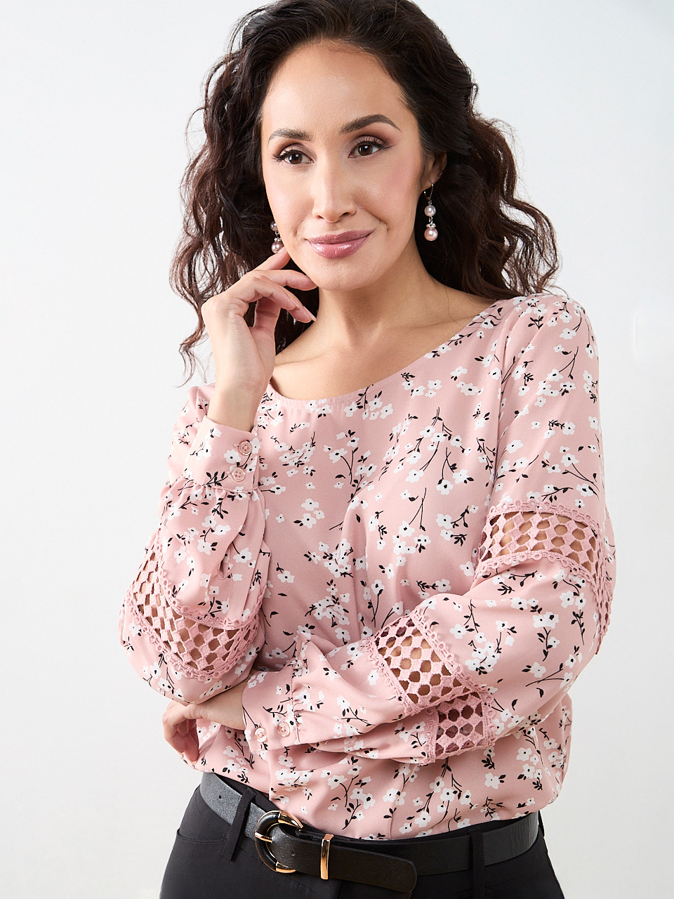 Petite Long Sleeve Round Neck Blouse