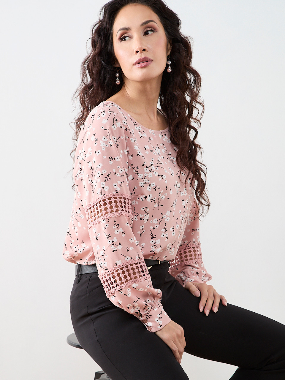 Petite Long Sleeve Round Neck Blouse