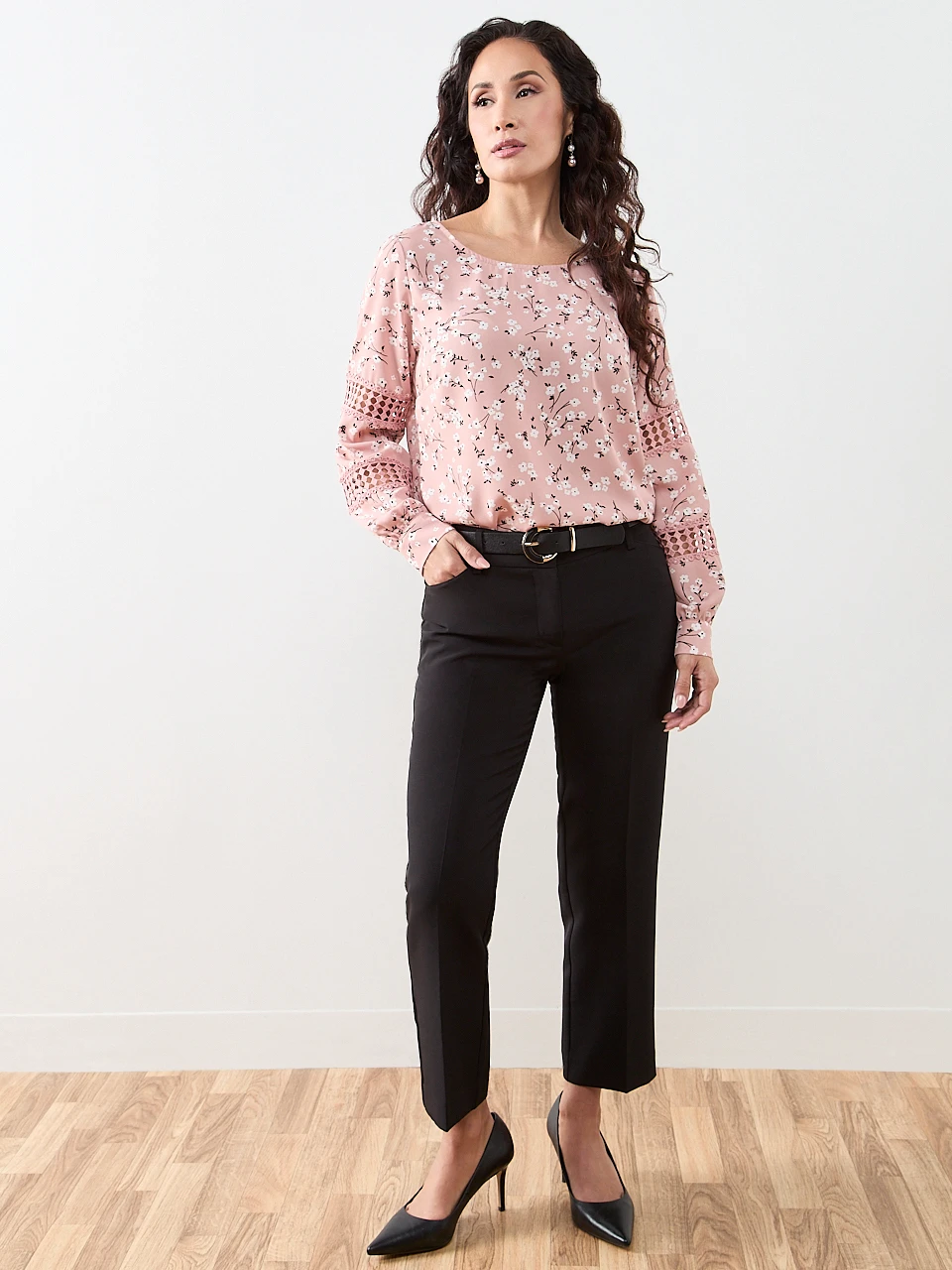 Petite Long Sleeve Round Neck Blouse