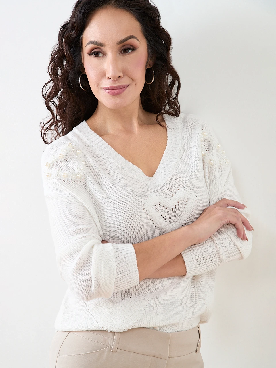 Petite Long Sleeve V-Neck Heart Sweater