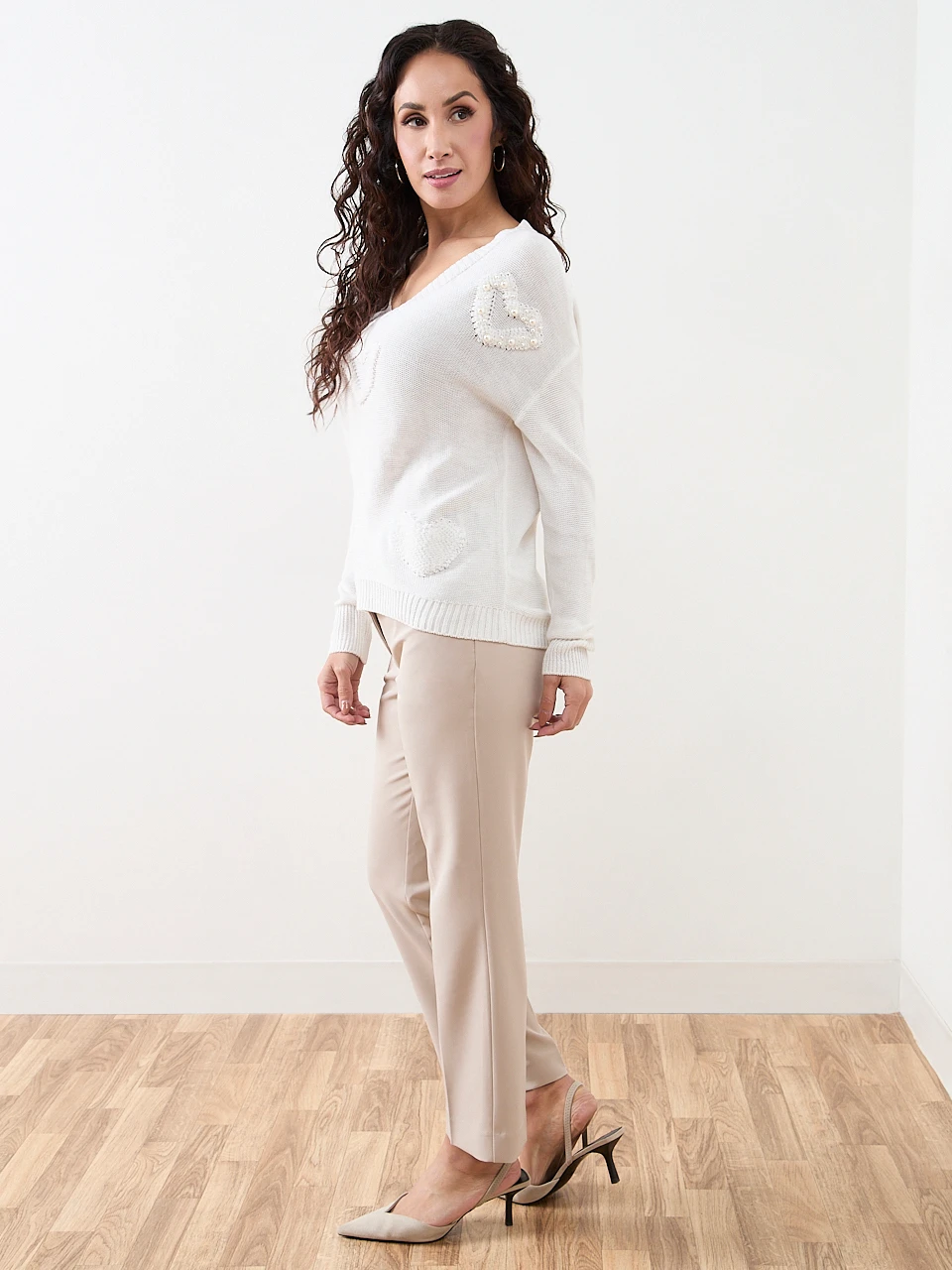 Petite Long Sleeve V-Neck Heart Sweater