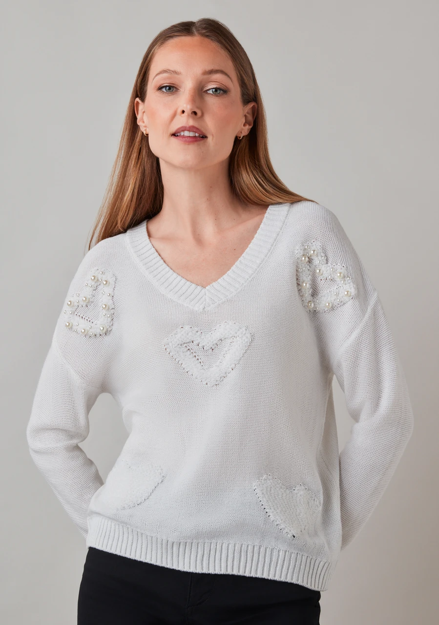 Petite Long Sleeve V-Neck Heart Sweater
