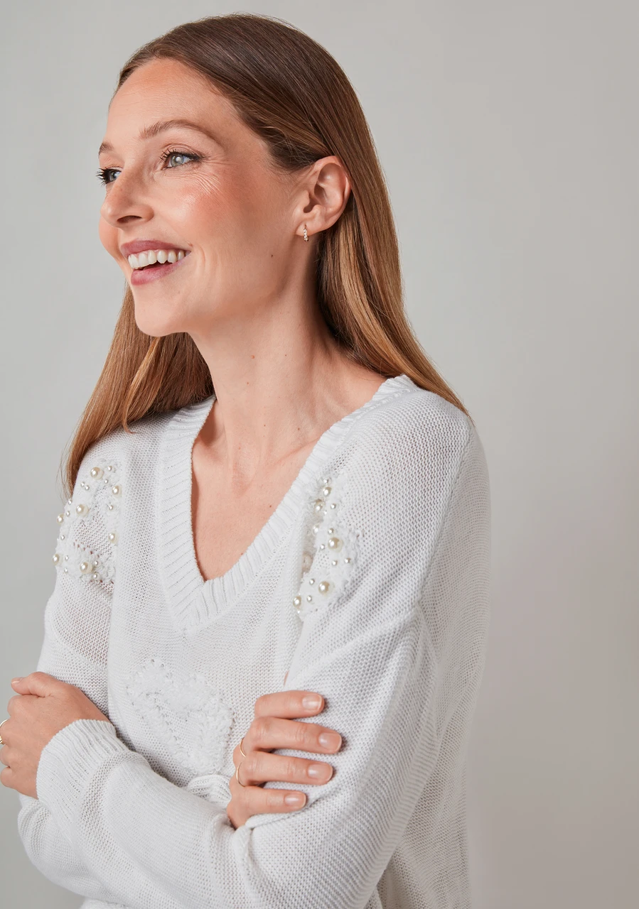 Petite Long Sleeve V-Neck Heart Sweater