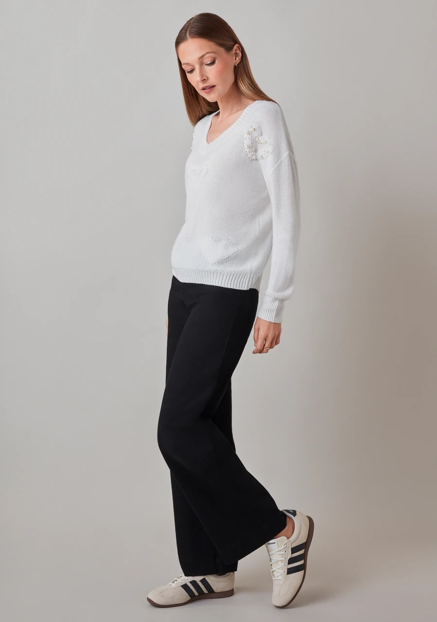 Petite Long Sleeve V-Neck Heart Sweater