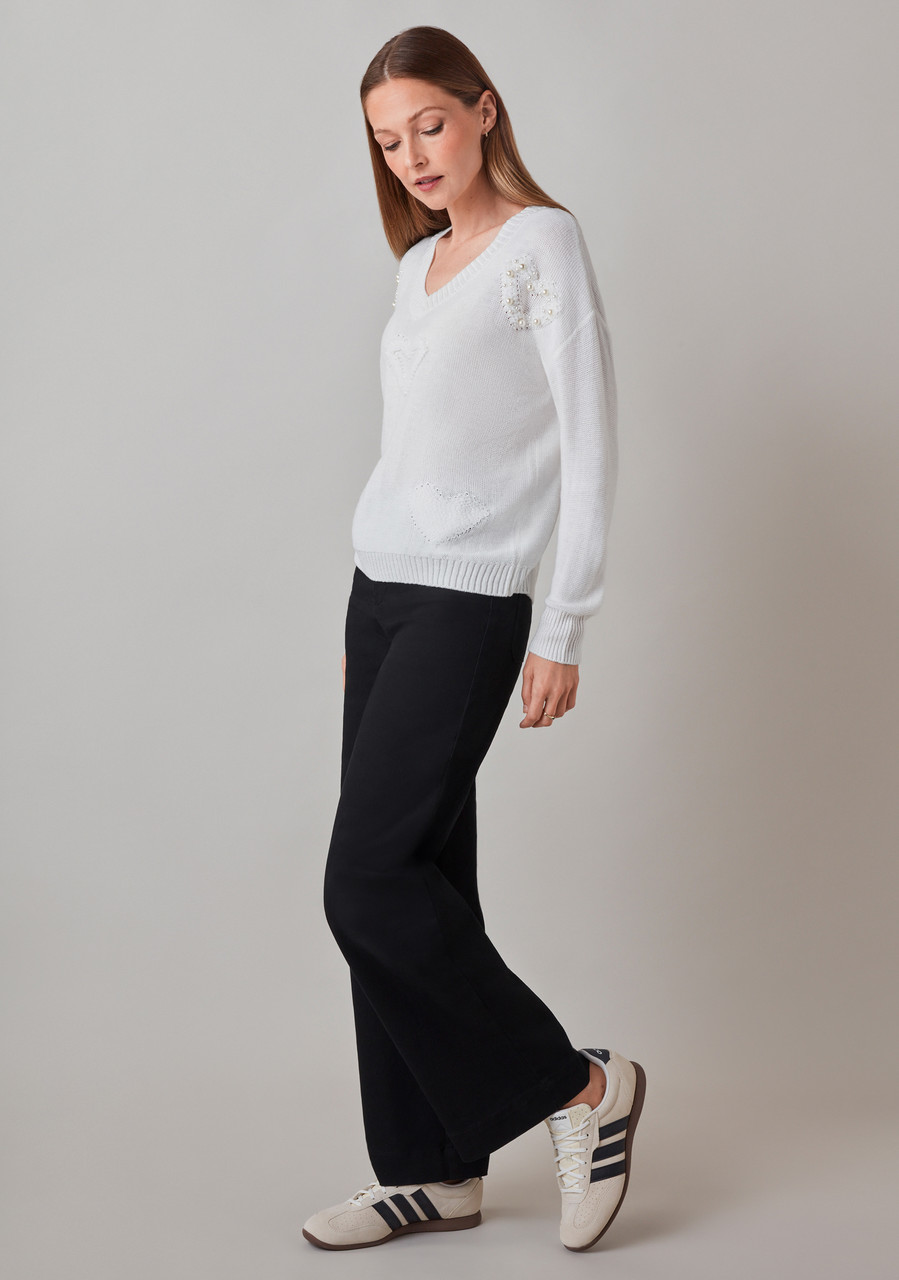 Petite Long Sleeve V-Neck Heart Sweater