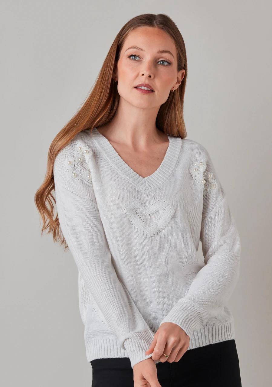 Petite Long Sleeve V-Neck Heart Sweater