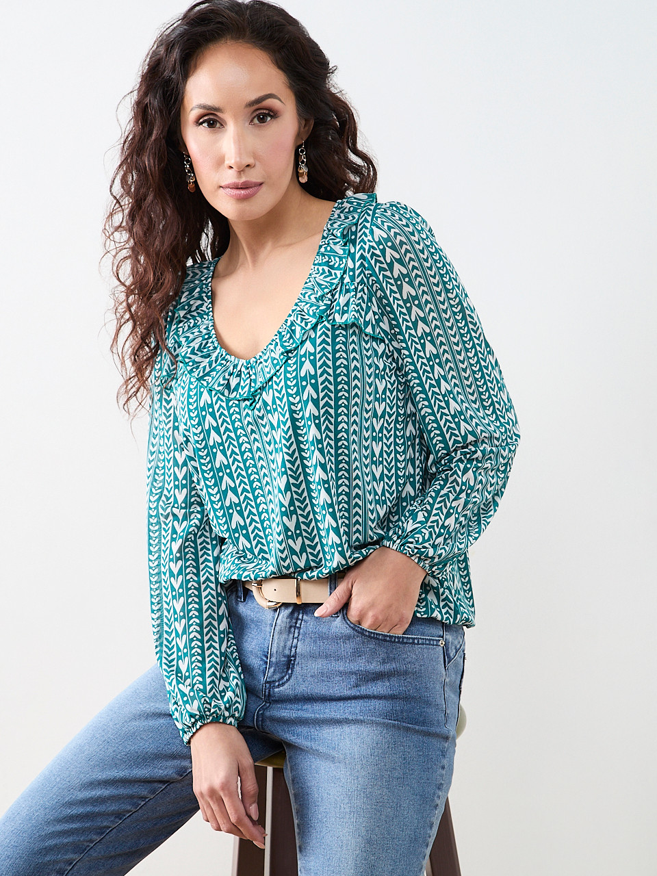 Petite Ruffled V-Neck Bubble Hem Top