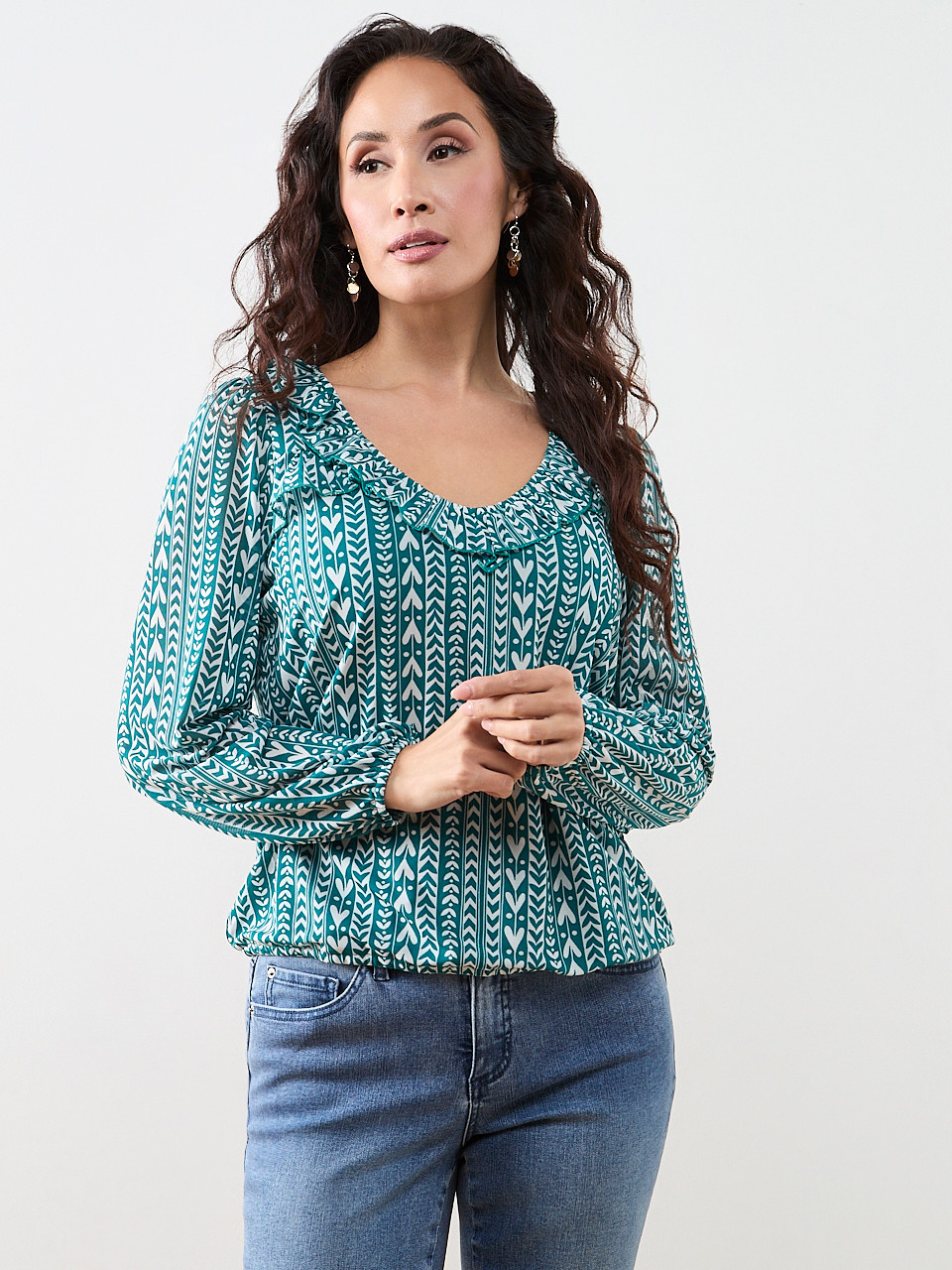 Petite Ruffled V-Neck Bubble Hem Top