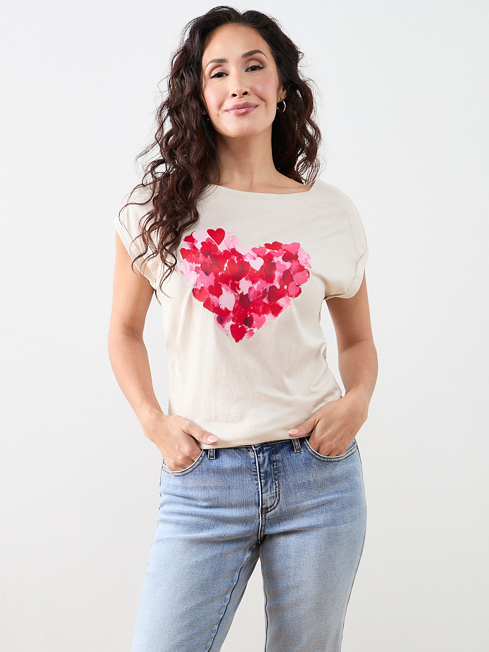 Petite Short Sleeve Cuff Boat Neck Tee in Oat Mix