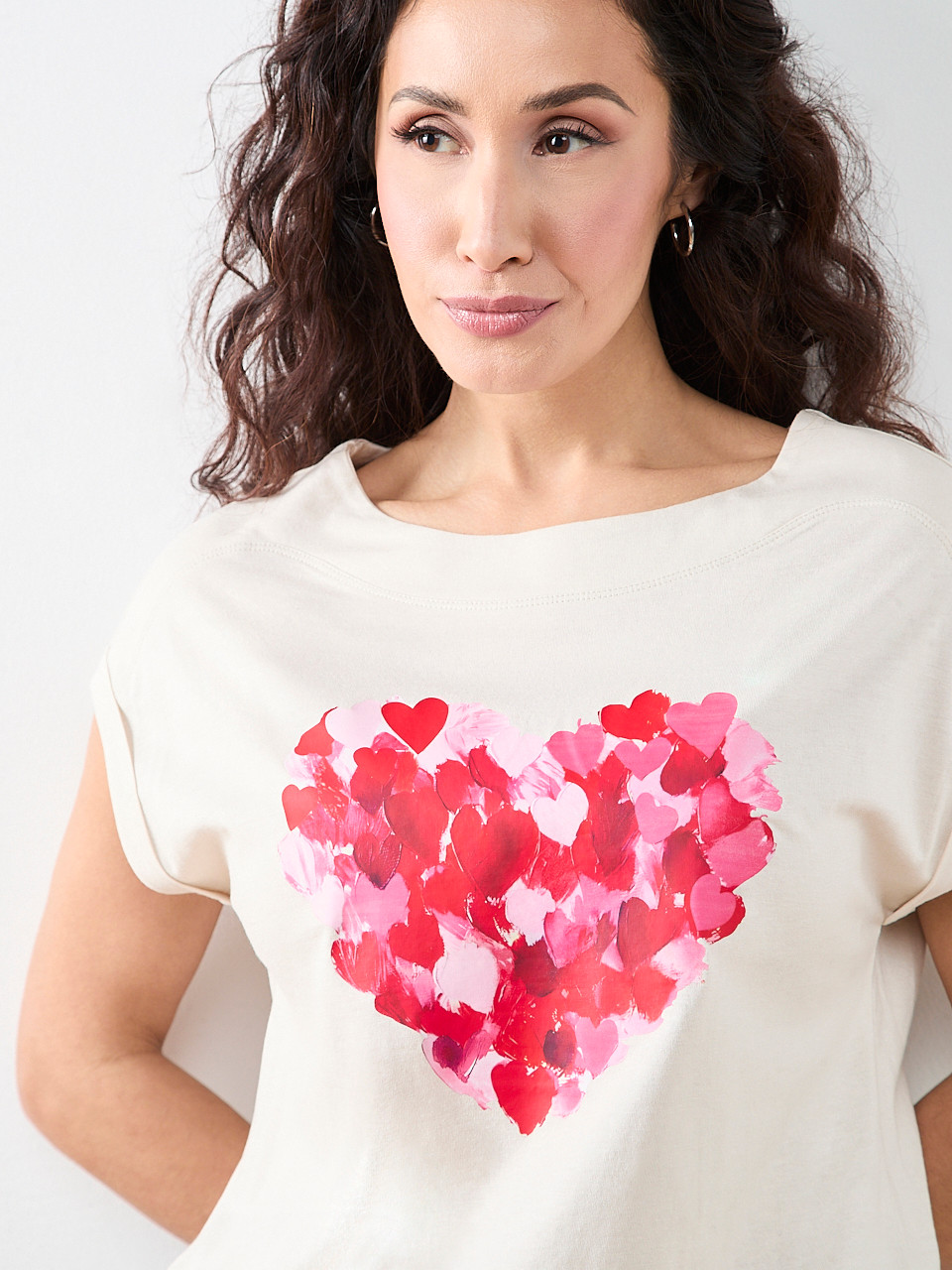 Petite Short Sleeve Cuff Boat Neck Tee in Oat Mix