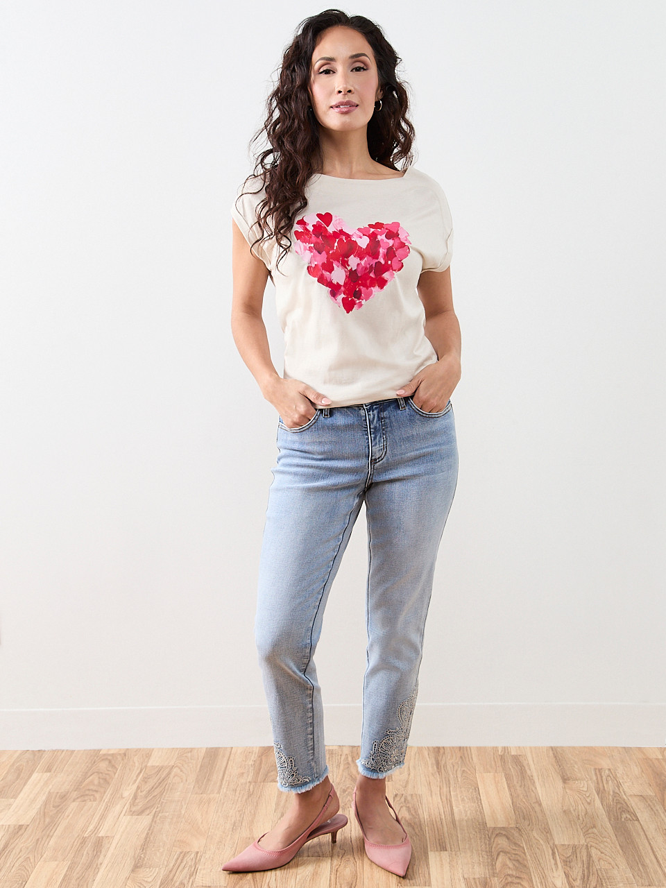 Petite Short Sleeve Cuff Boat Neck Tee in Oat Mix