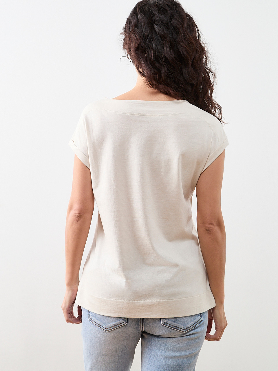 Petite Short Sleeve Cuff Boat Neck Tee in Oat Mix