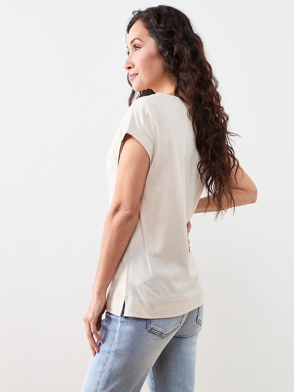Petite Short Sleeve Cuff Boat Neck Tee in Oat Mix