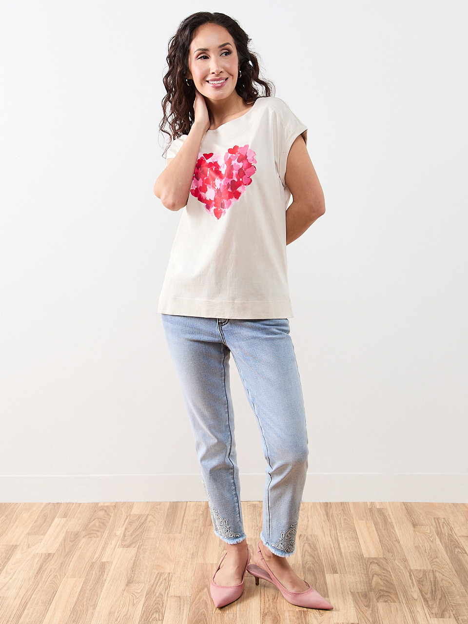 Petite Short Sleeve Cuff Boat Neck Tee in Oat Mix