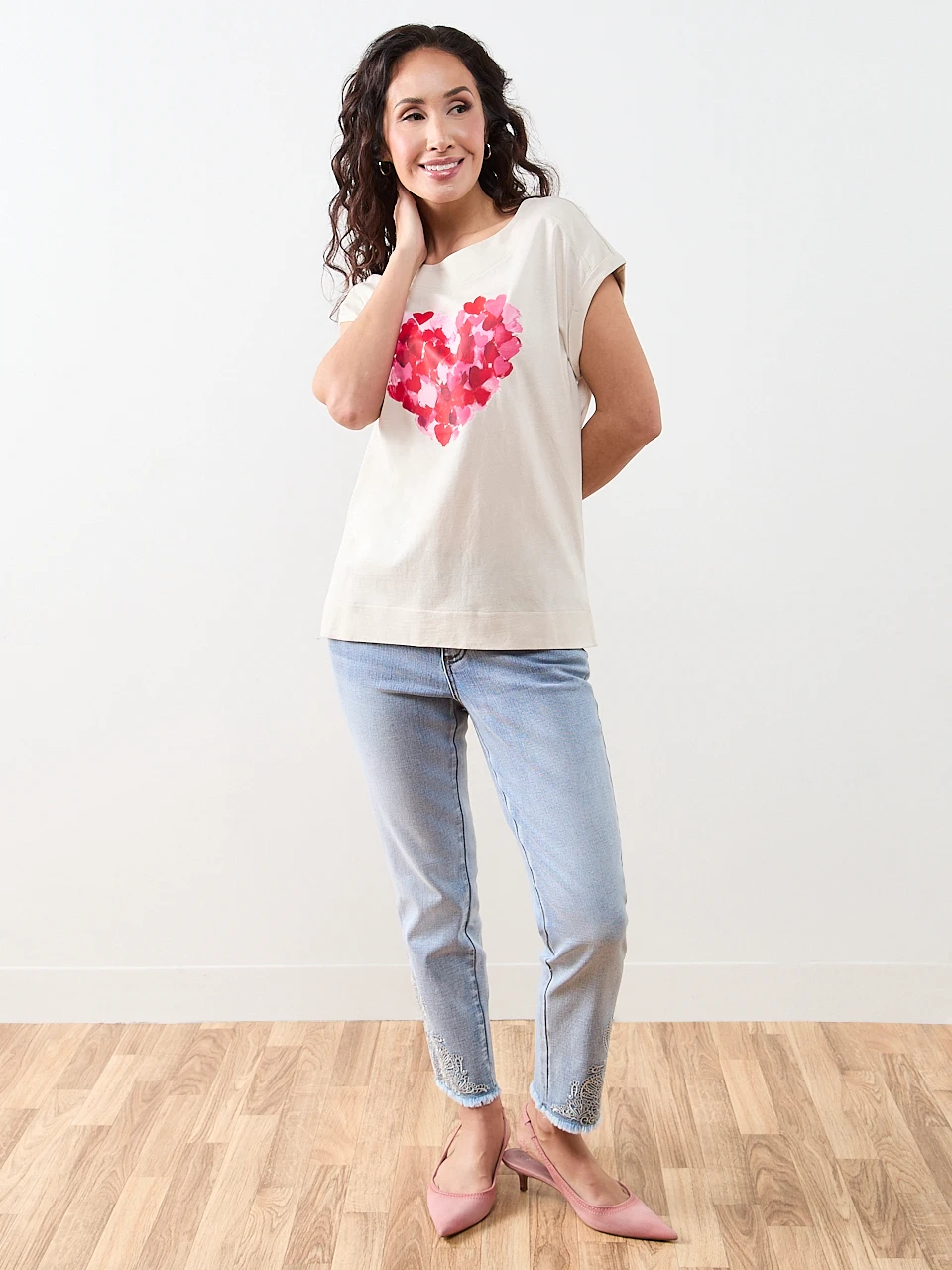 Petite Short Sleeve Cuff Boat Neck Tee in Oat Mix